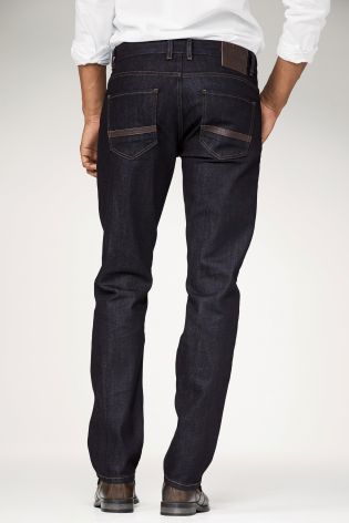 Raw Denim Jeans With Leather Detail